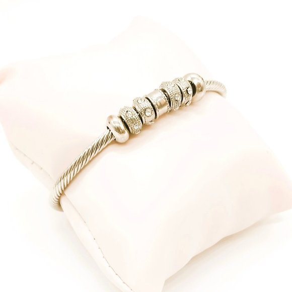 Twisted Cable Bangle Bracelet. Silver & Gold Flexible Cuff with Charm Beads - Picture 2 of 4